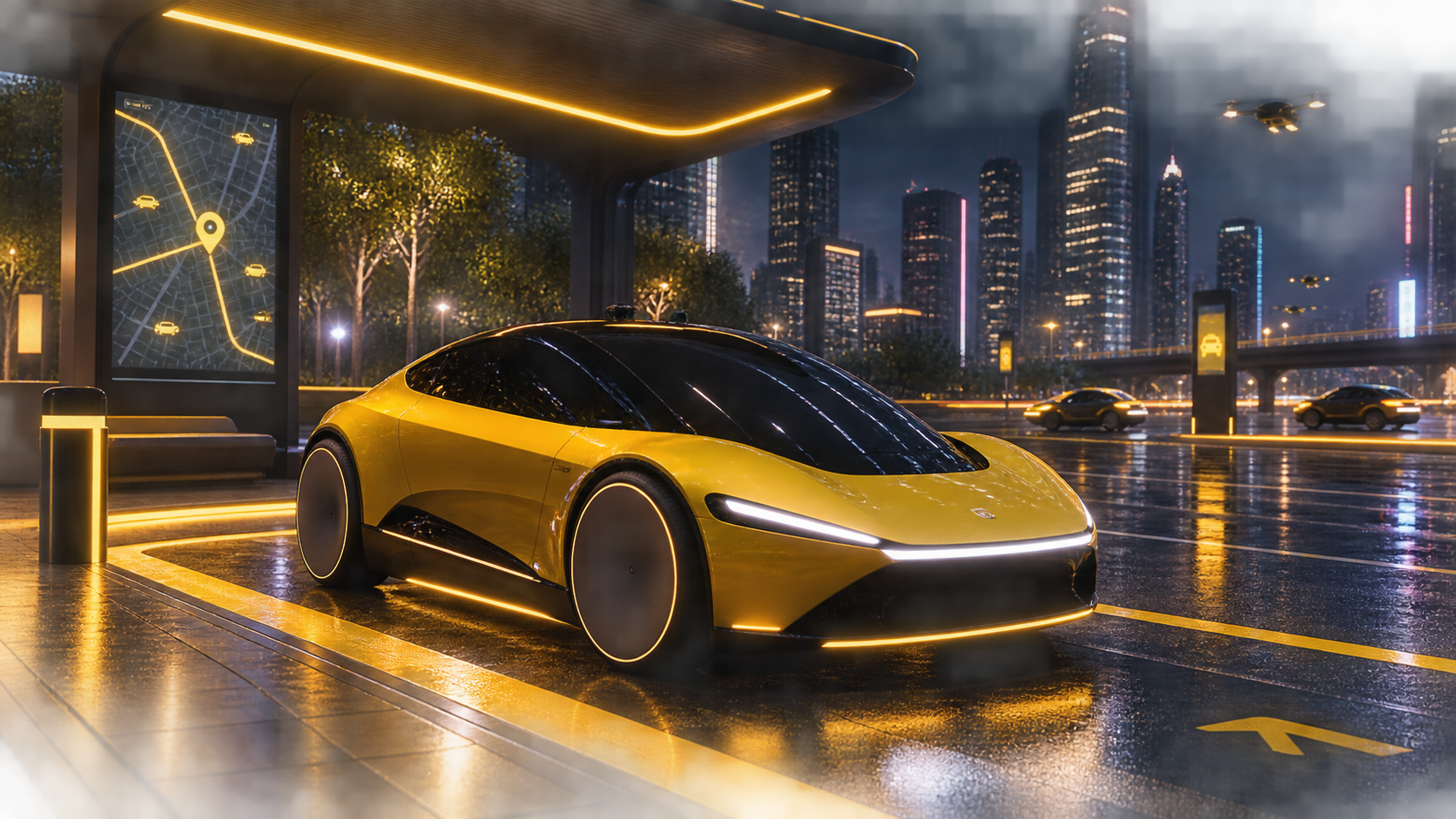Futuristic yellow autonomous cybercab in a night city dispatch zone